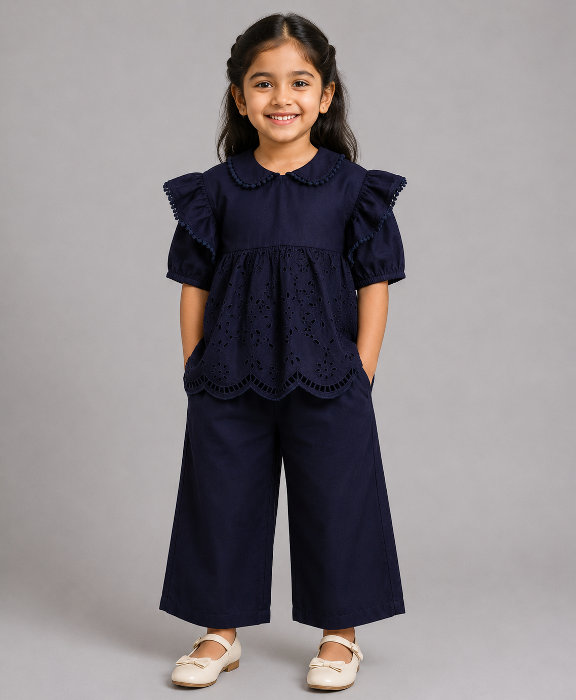 NAVY SCHIFFLI CO-ORD SET