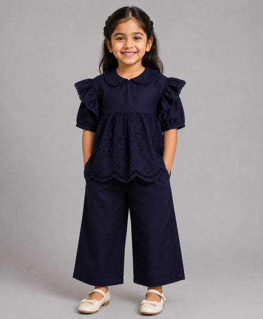 NAVY SCHIFFLI CO-ORD SET