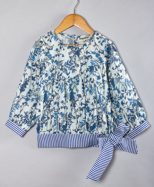 BLUE LEAVES PRINT TOP WITH STRIPE TIE UP AT THE BOTTOM