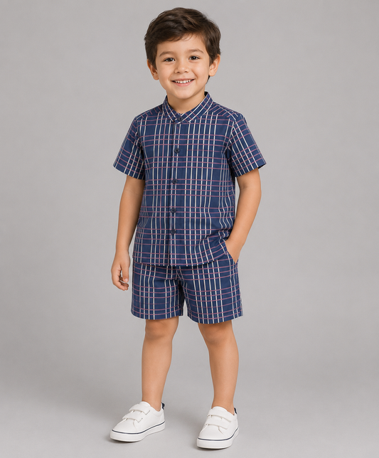 NAVY ENGINEERED STRIPES PRINT BOYS SHORTS SET
