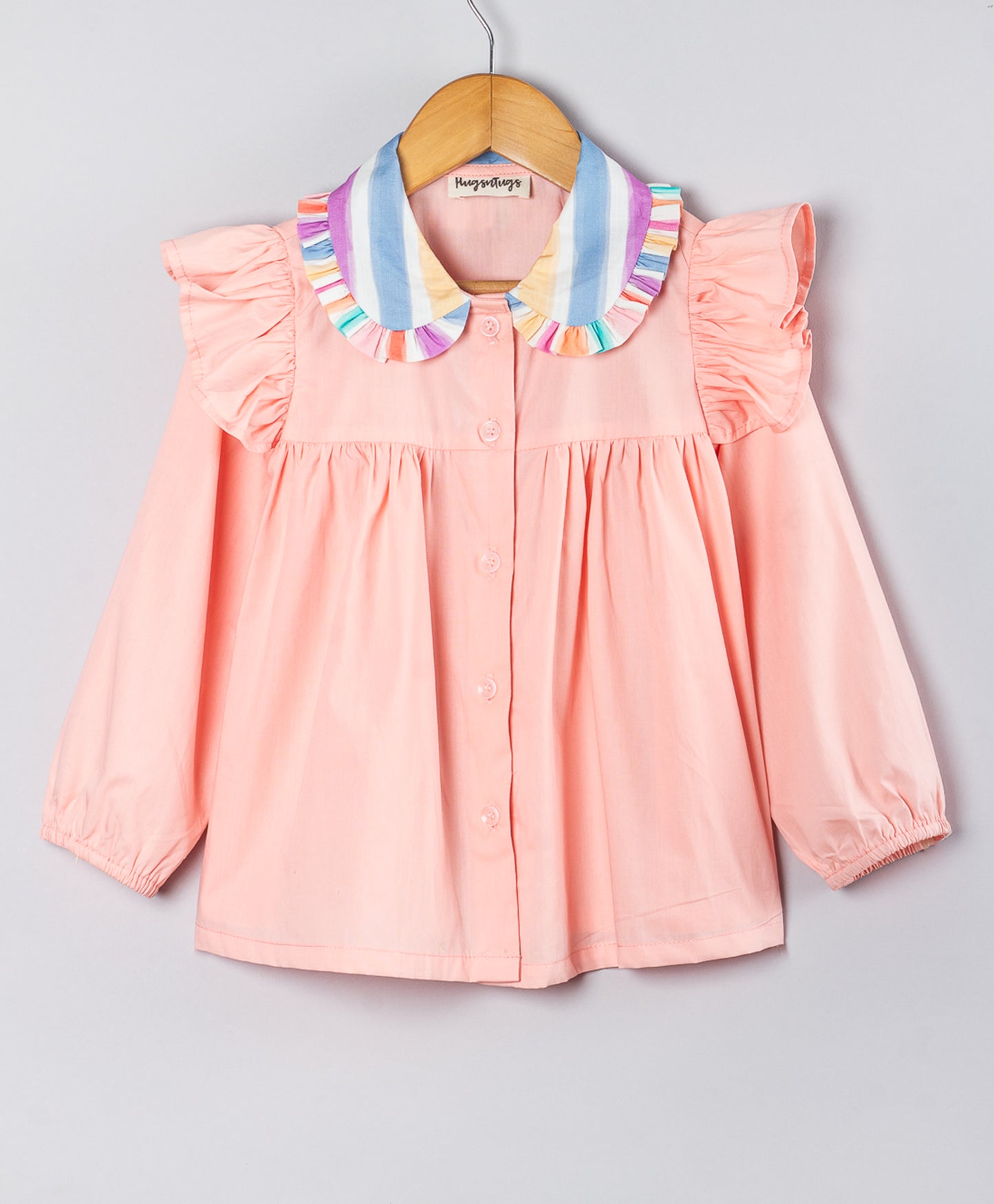 PEACH SOLID TOP WITH MULTI-STRIPE COLLAR