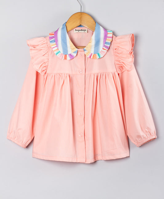 PEACH SOLID TOP WITH MULTI-STRIPE COLLAR