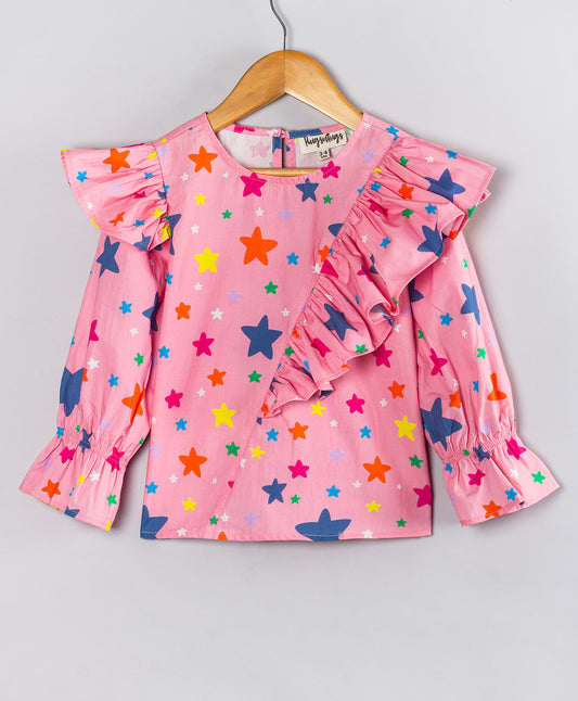 PINK STAR PRINT TOP WITH FRILL ACROSS FRONT