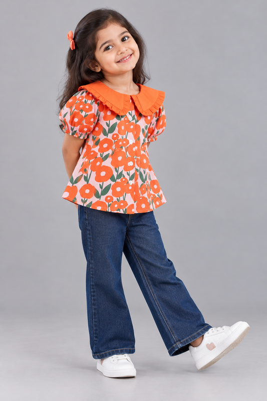 ORANGE FLOWER TOP WITH BIG SOLID COLLARS