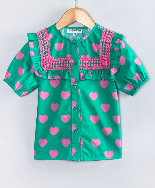GREEN TOP WITH PINK HEART PRINT AND PINK LACE