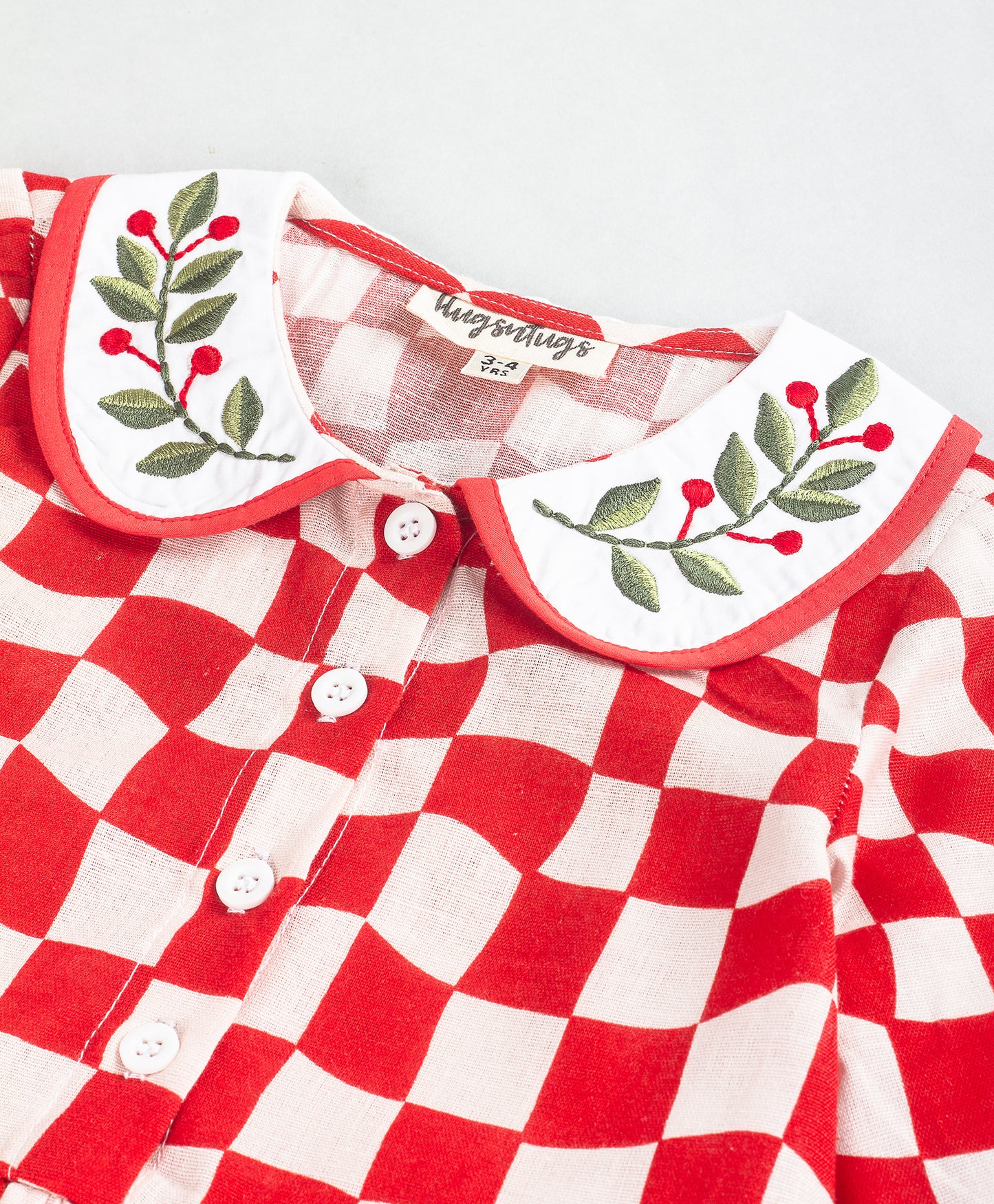 CHECK PRINT CHRISTMAS DRESS WITH EMBROIDERED COLLARS