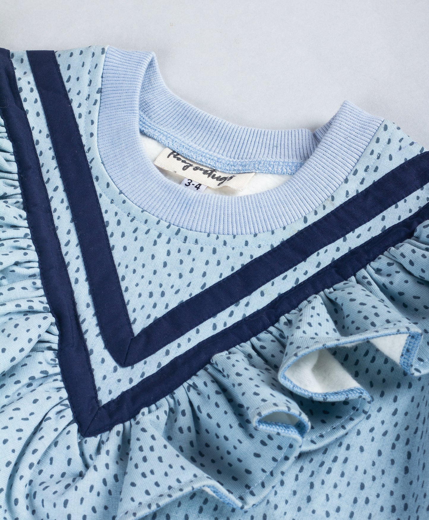 BLUE DOT PRINT WARM TOP WITH FRILL ALONG YOKE