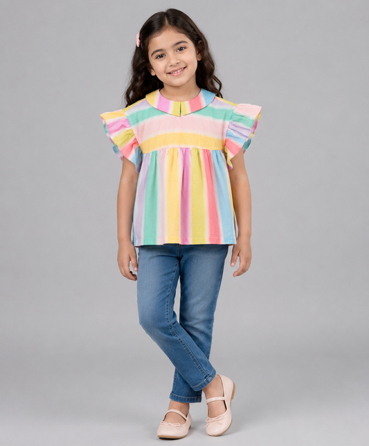 MULTI STRIPE PRINT TOP WITH COLLARS