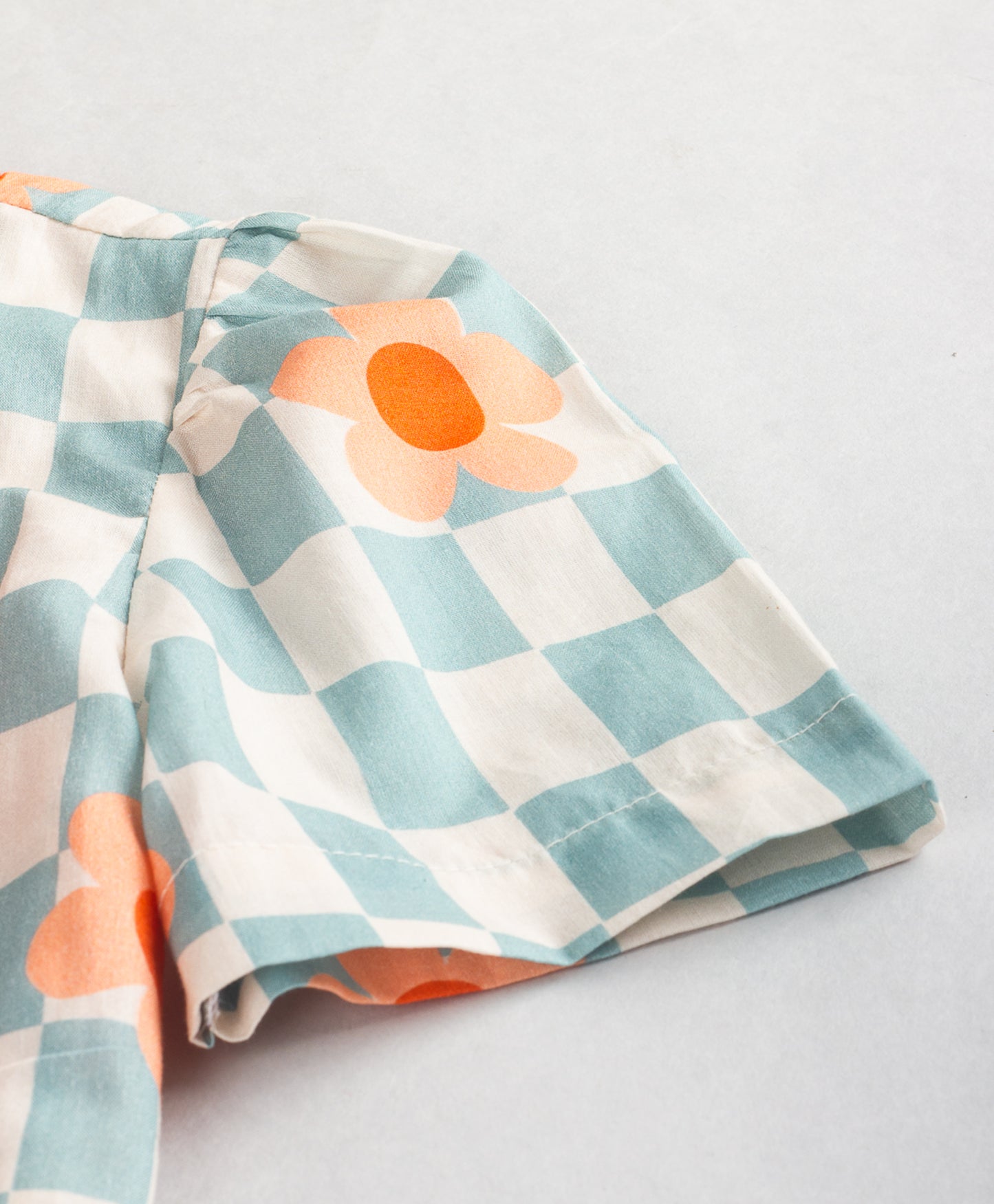 Checked & Floral Printed Bow Applique Detailed Shirt Style Top - Blue