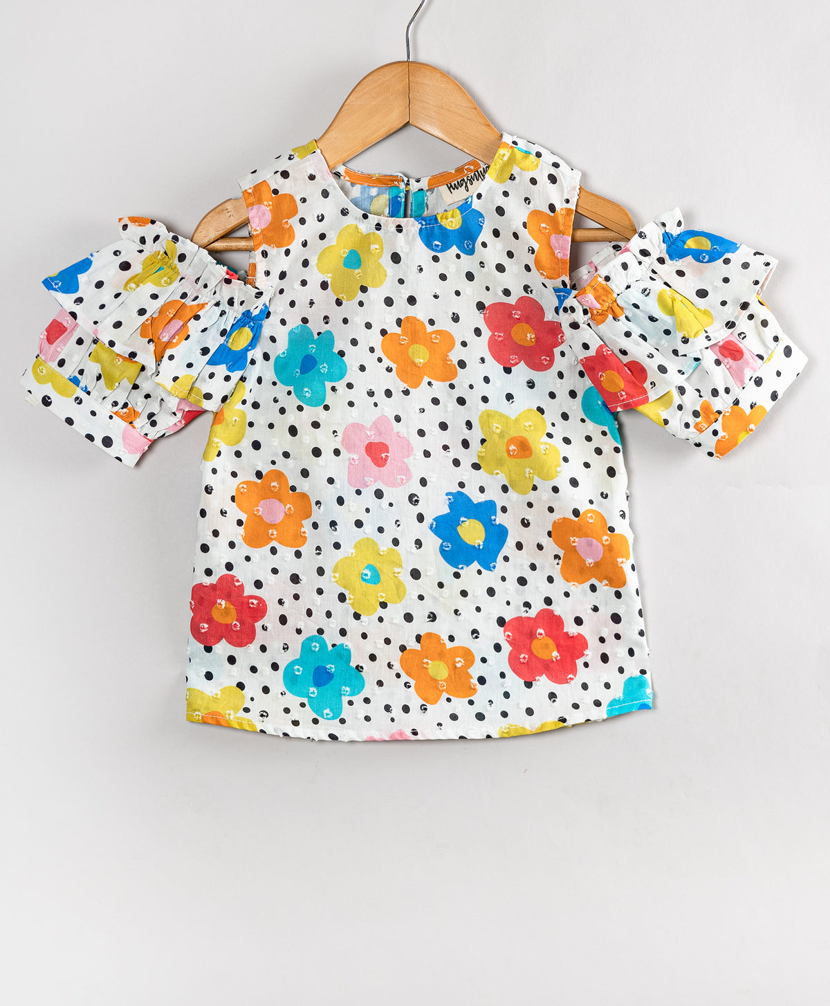 DOT AND FLOWER PRINT TOP COLD SHOULDER TOP