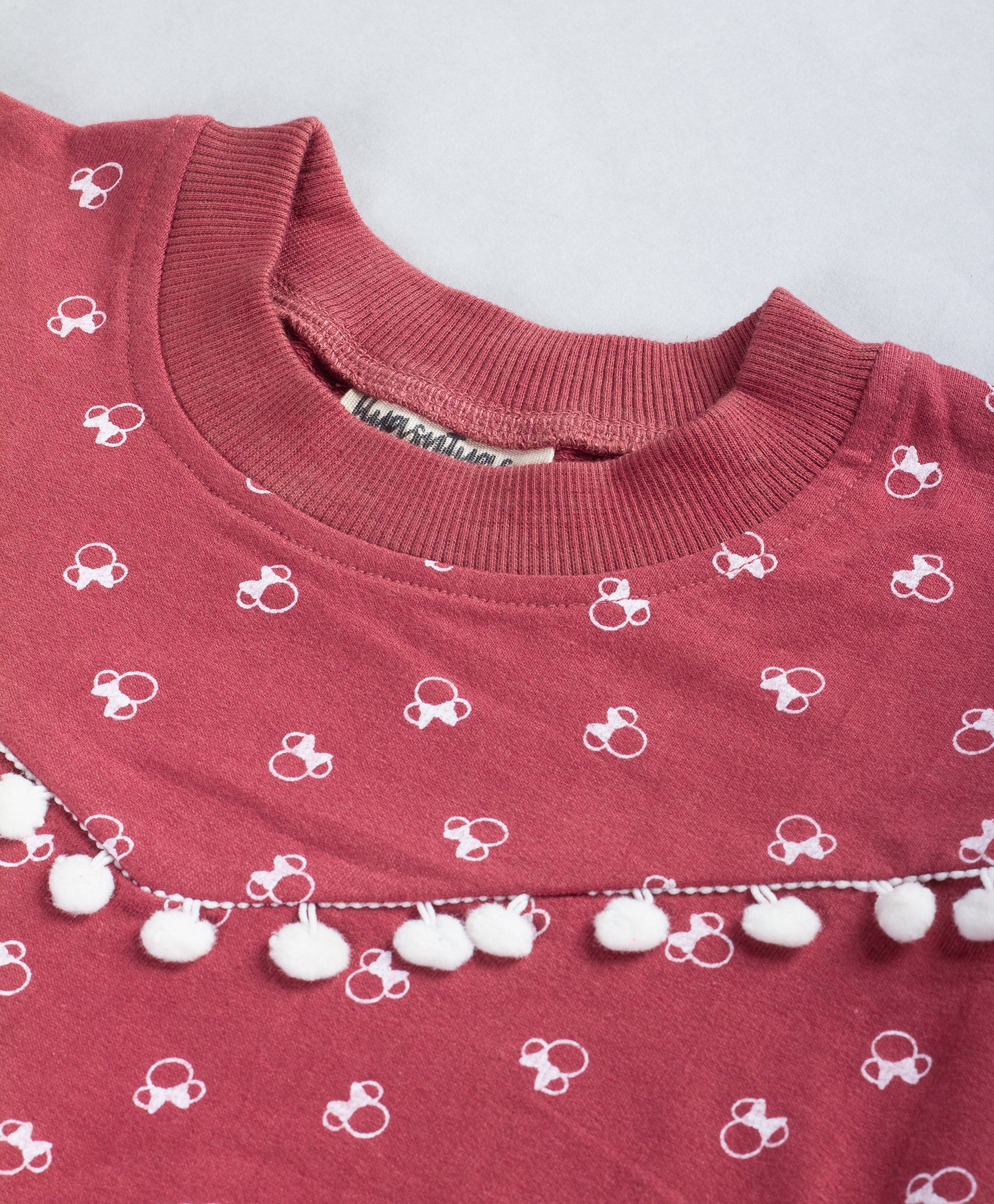 CARTOON PRINT WINTER TOP WITH POMP0OM LACE