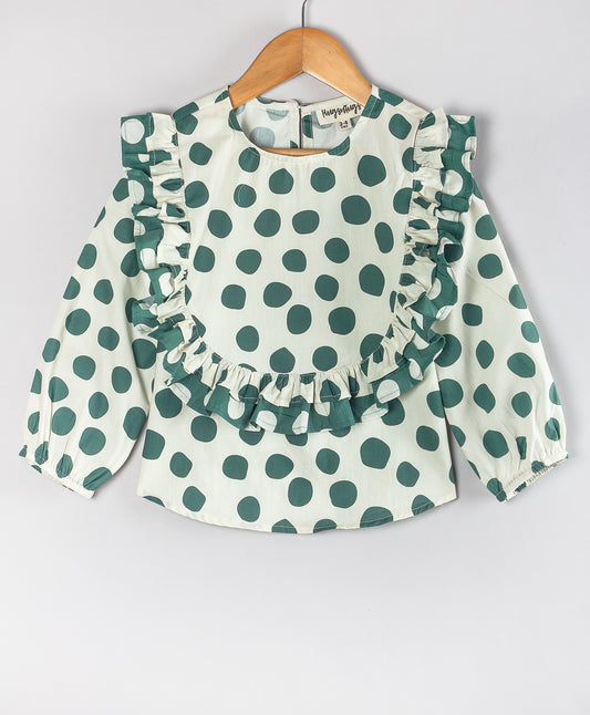 WHITE GREEN DOT PRINT CHRISTMAS TOP