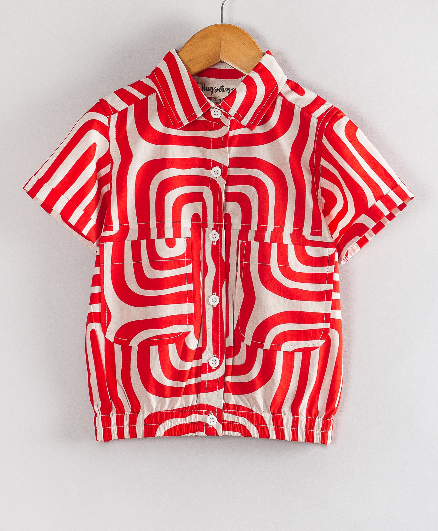 RED MAZE PRINT TOP WITH ELASTICATED WAISTBAND