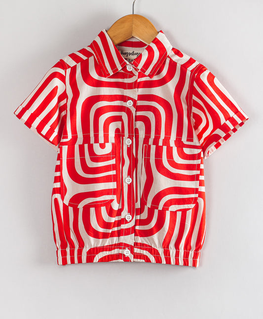 RED MAZE PRINT TOP WITH ELASTICATED WAISTBAND