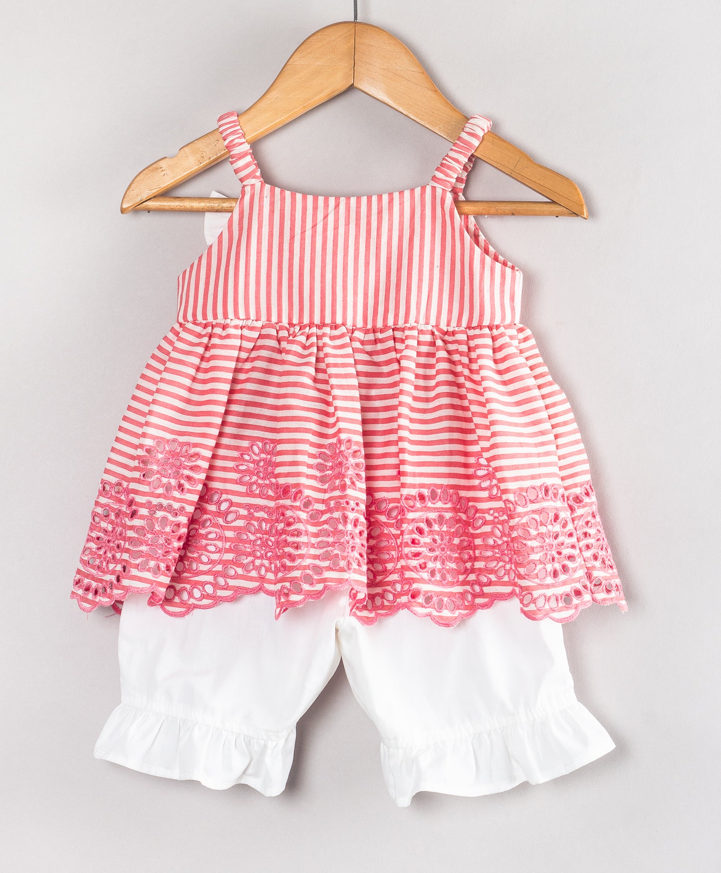 STRIPE PRINT INFANT SET WITH SCHIFFLI EMBROIDERY