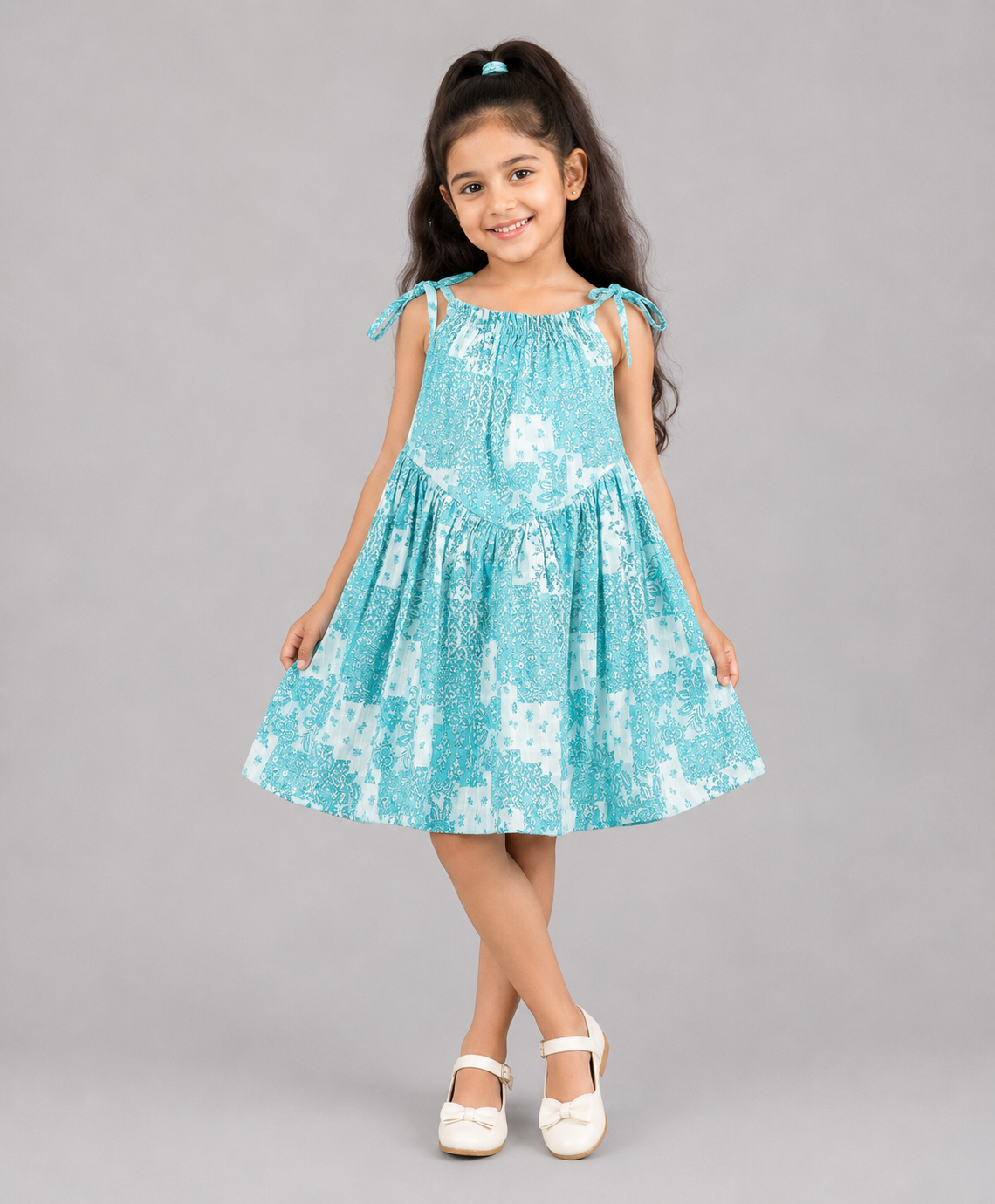 TILE PRINT DRESS WITH SHOULDER TIE UPS