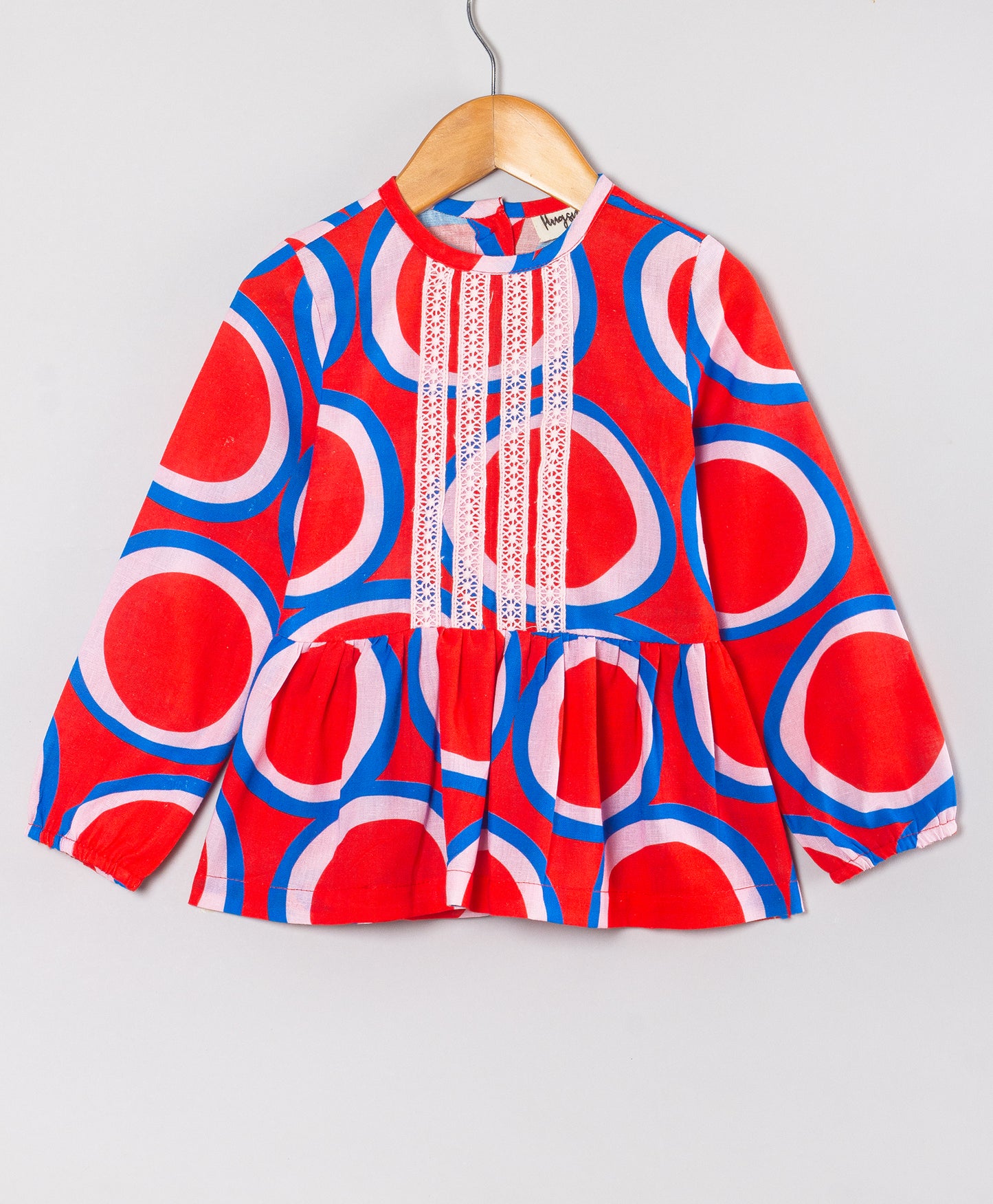 CIRCLE PRINT TOP WITH CONTRAST LACE