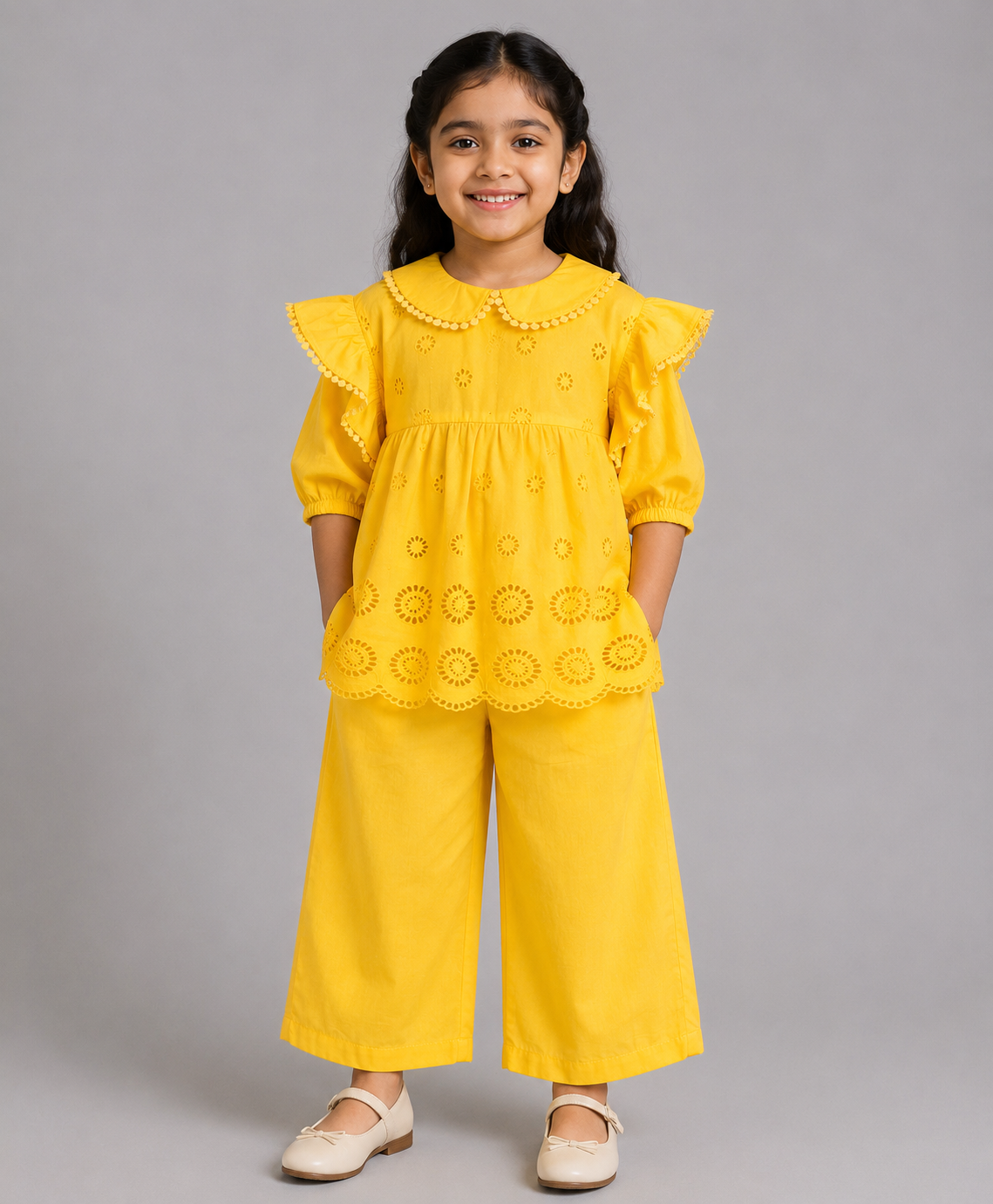 YELLOW SCHIFFLI CO-ORD SET