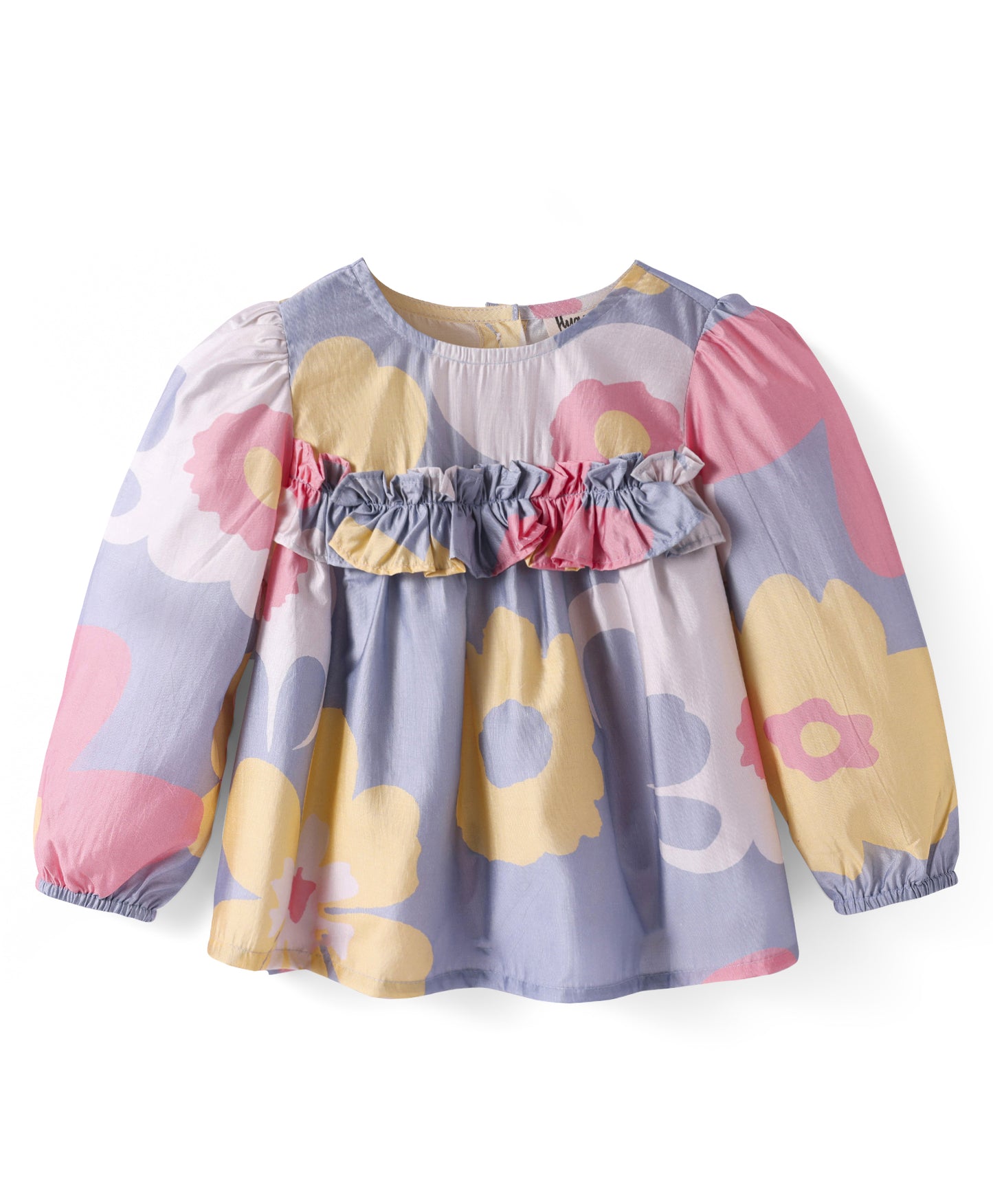 GREY PINK BIG FLOWER PRINT TOP WITH RUFFLE AT EMPIRE SEAM