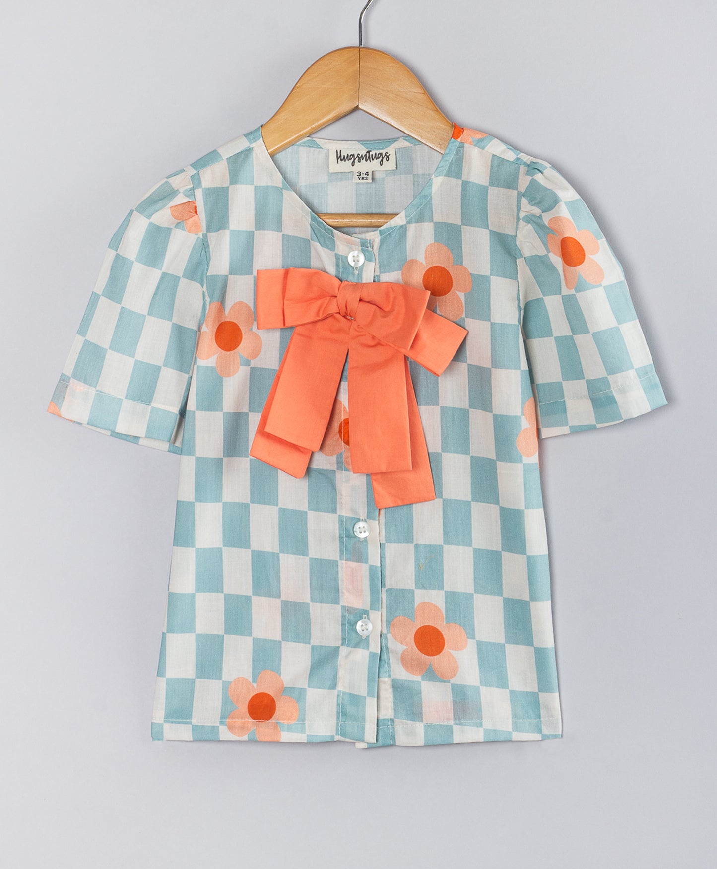 Checked & Floral Printed Bow Applique Detailed Shirt Style Top - Blue
