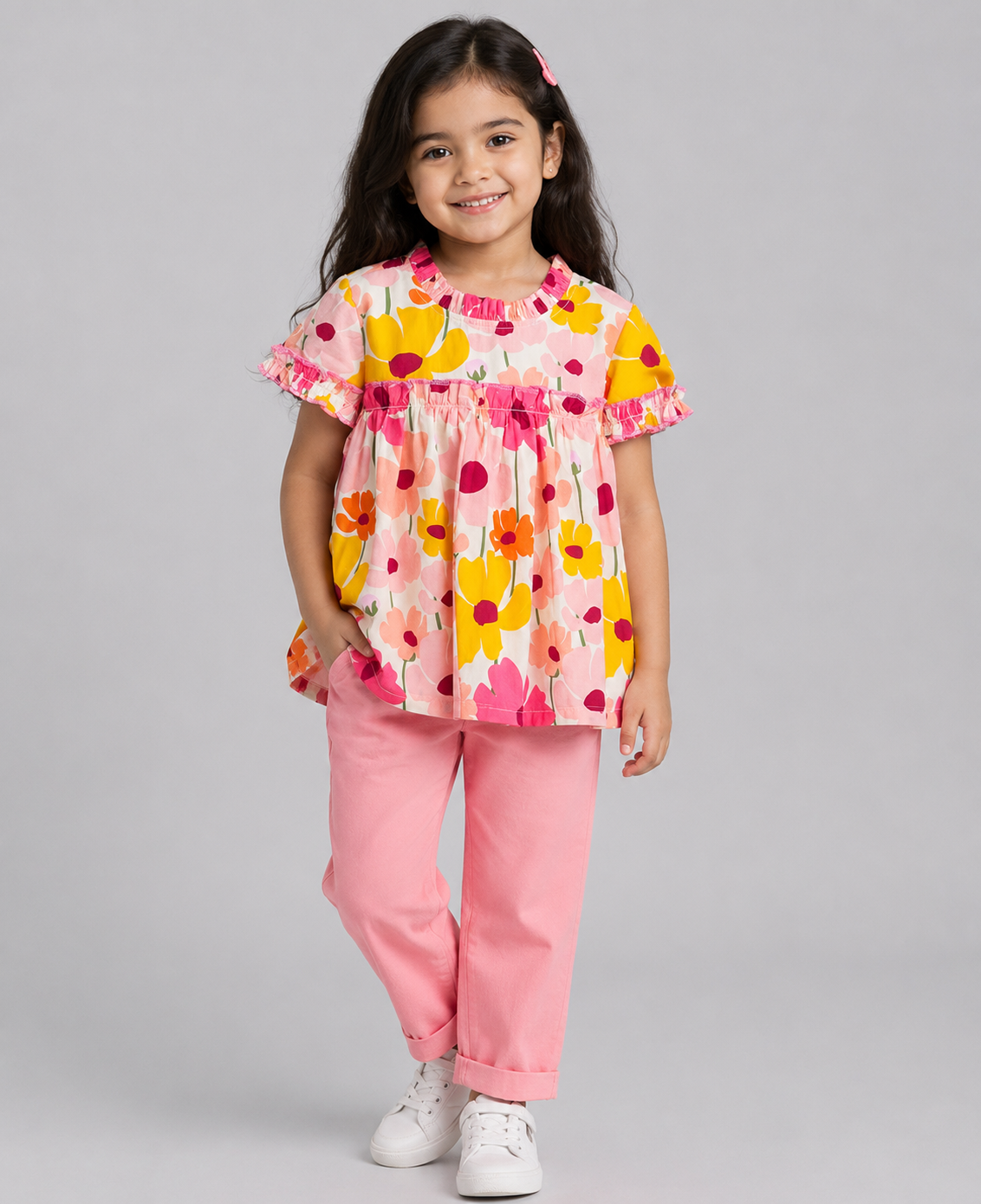 FLORAL PRINT TOP WITH PLEATS AT NECK