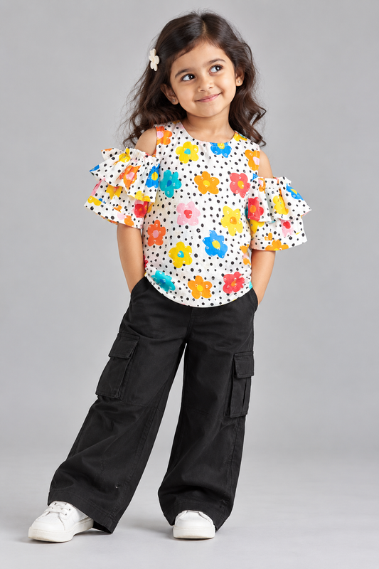 DOT AND FLOWER PRINT TOP COLD SHOULDER TOP