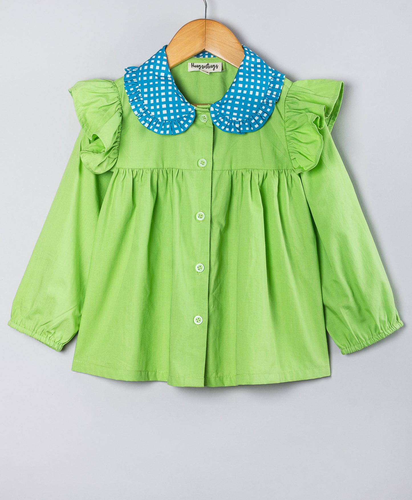 LIME GREEN TOP WITH BLUE CHECK PRINT COLLAR