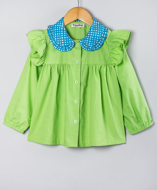 LIME GREEN TOP WITH BLUE CHECK PRINT COLLAR