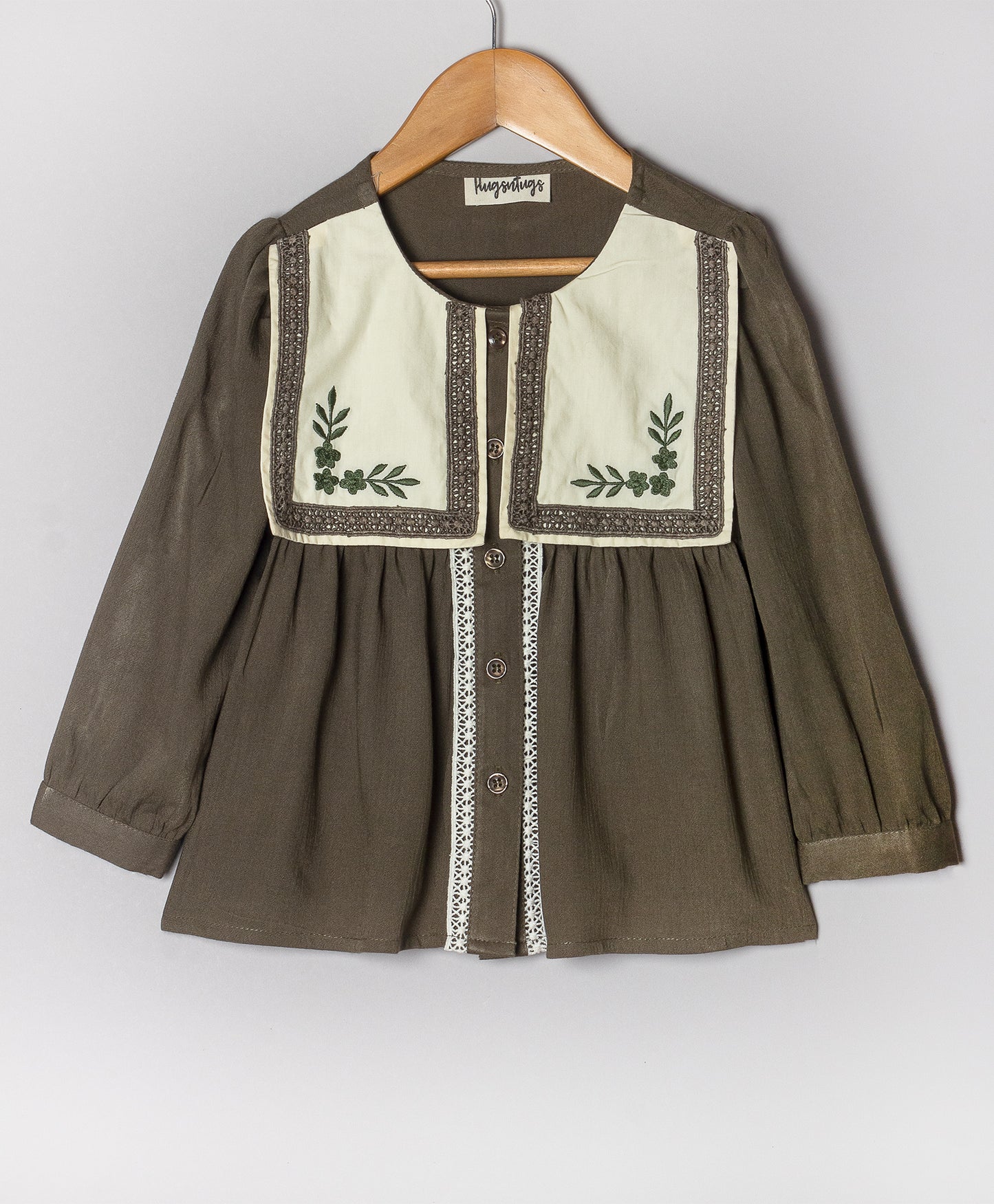 SOLID GREEN TOP WITH BIG FLAP COLLARS WITH EMBROIDERY