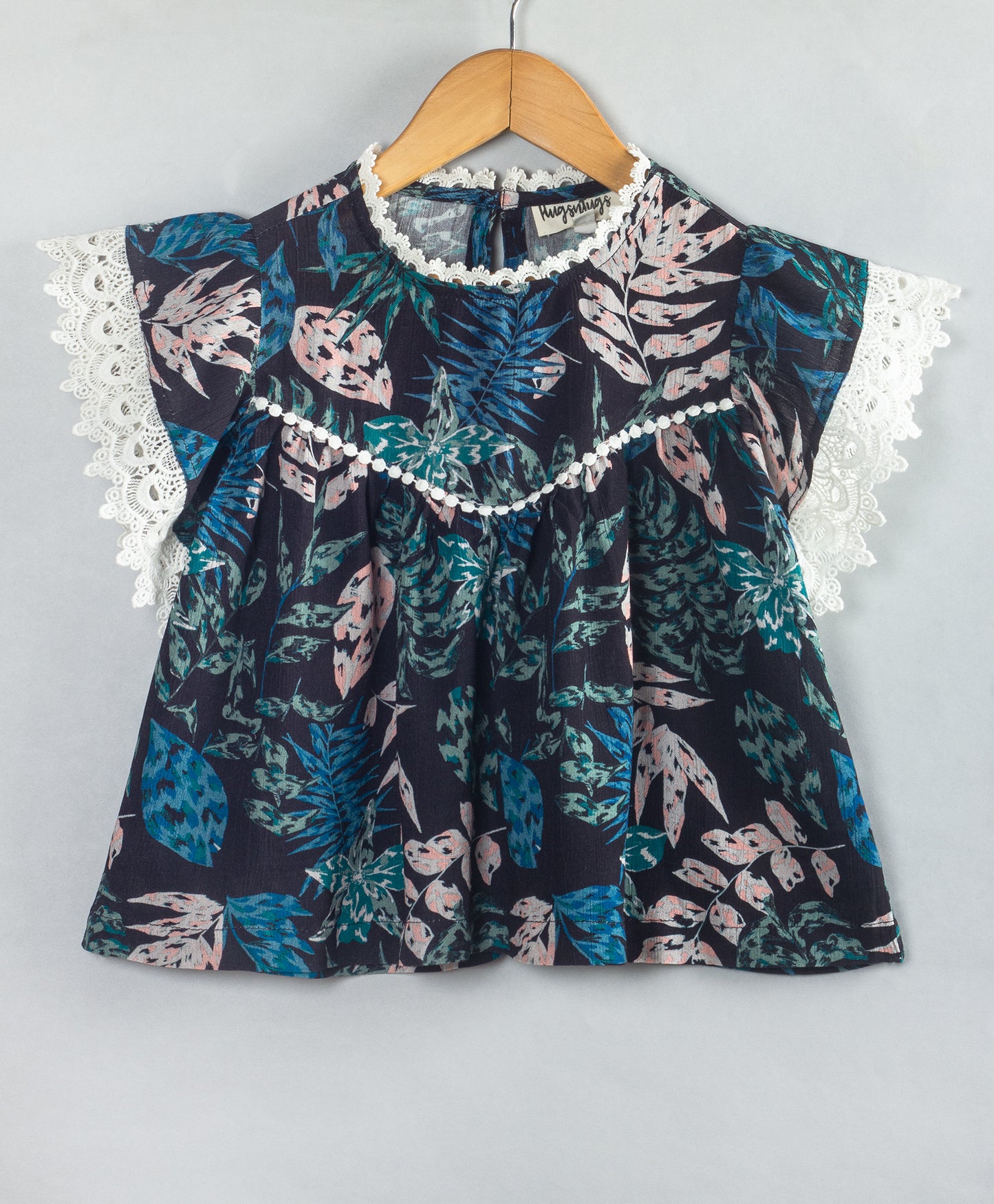 LEAF PRINT TOP WITH CONTRAST LACE DETAILING