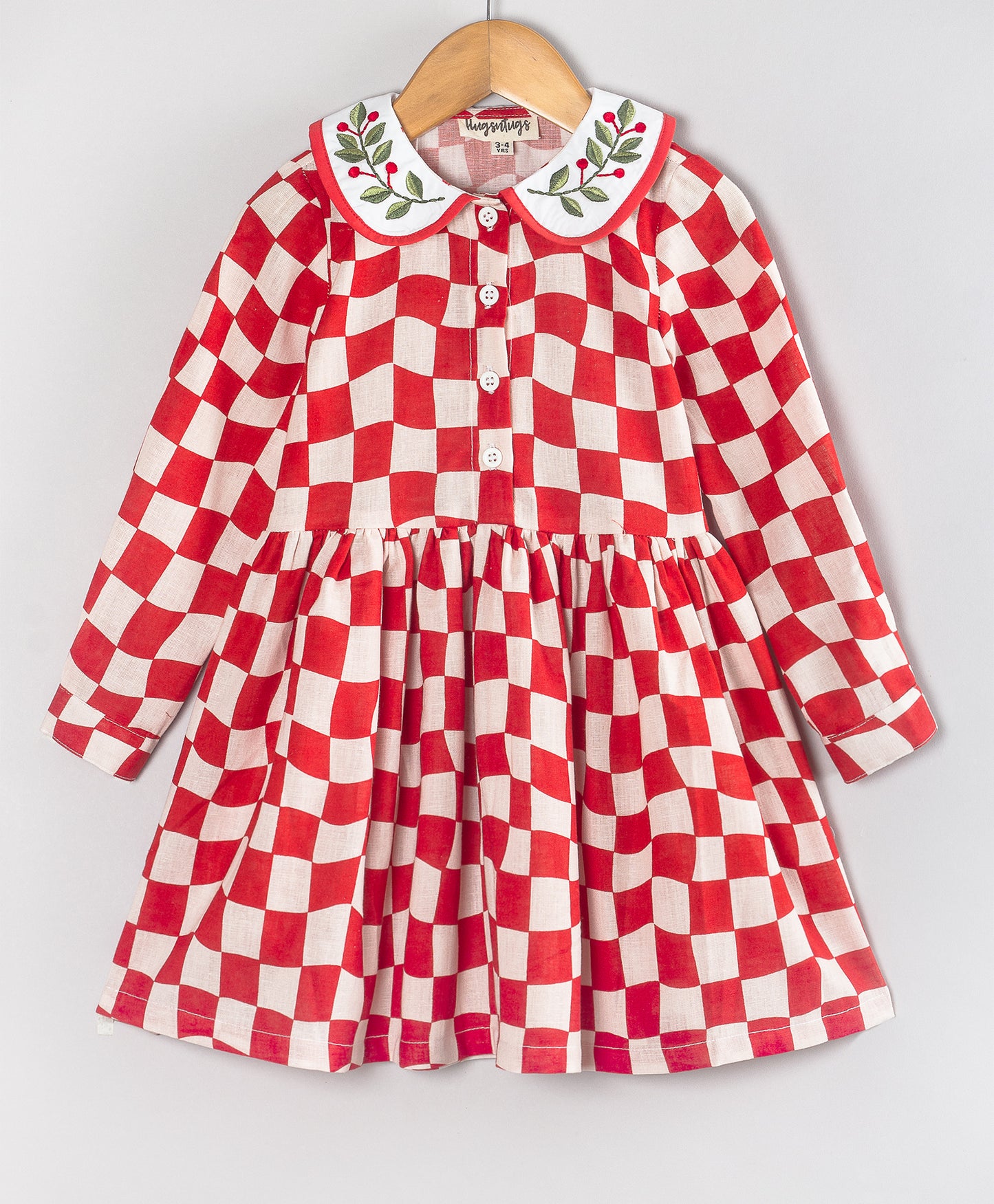 CHECK PRINT CHRISTMAS DRESS WITH EMBROIDERED COLLARS