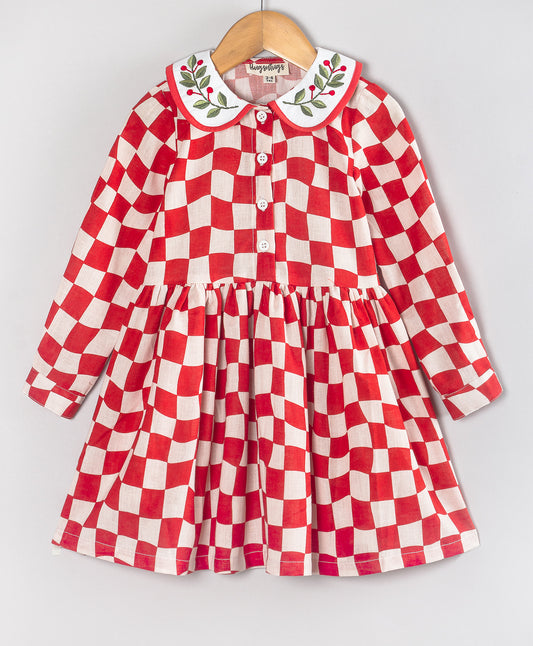 CHECK PRINT CHRISTMAS DRESS WITH EMBROIDERED COLLARS