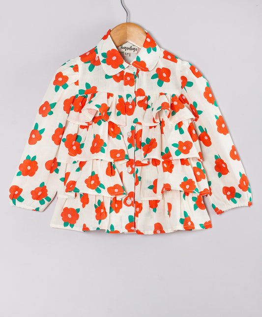 BRIGHT POPPY FLOWER PRINT TOP WITH FRILLS AT FRONT
