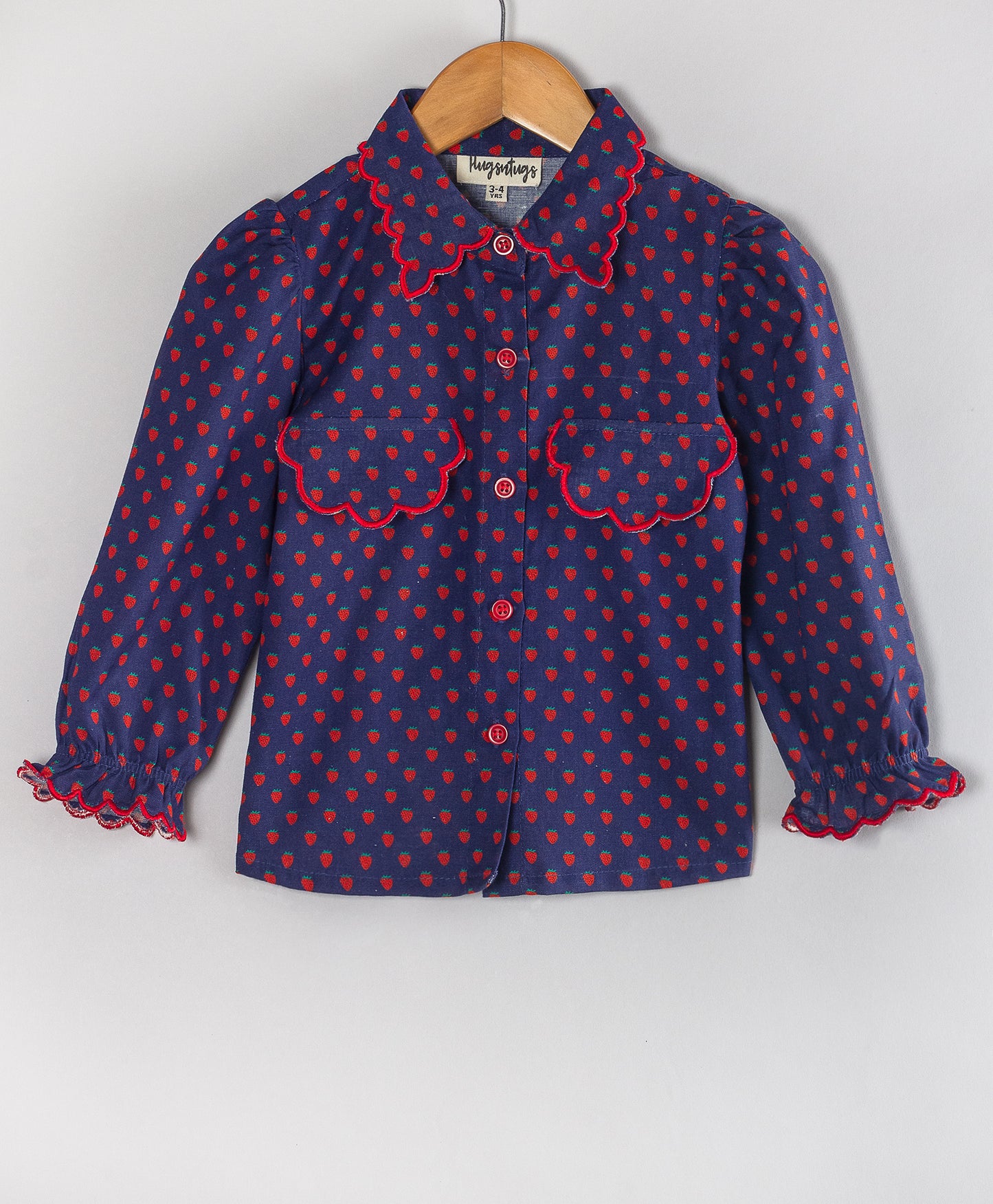 STRAWBERRY PRINT SHIRT WITH SCALLOPED COLLARS AND POCKET FLAPS