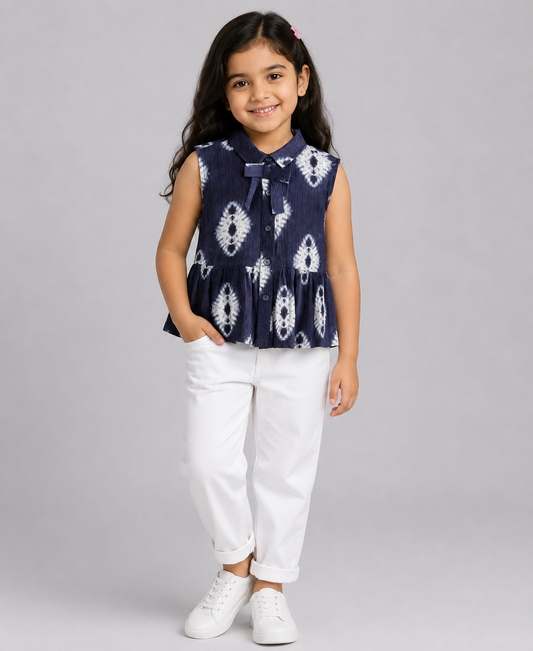 NAVY TIE DYE PRINT TOP WITH BOW TIE AT  FRONT NECK