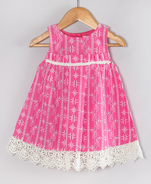 HOT PINK SCHIFFLI EMBROIDERED INFANT DRESS