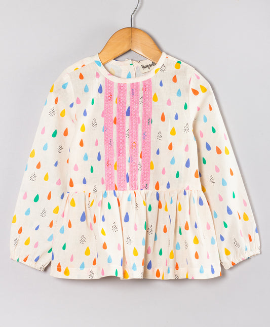 DROP PRINT TOP WITH CONTRAST LACE DETAILING