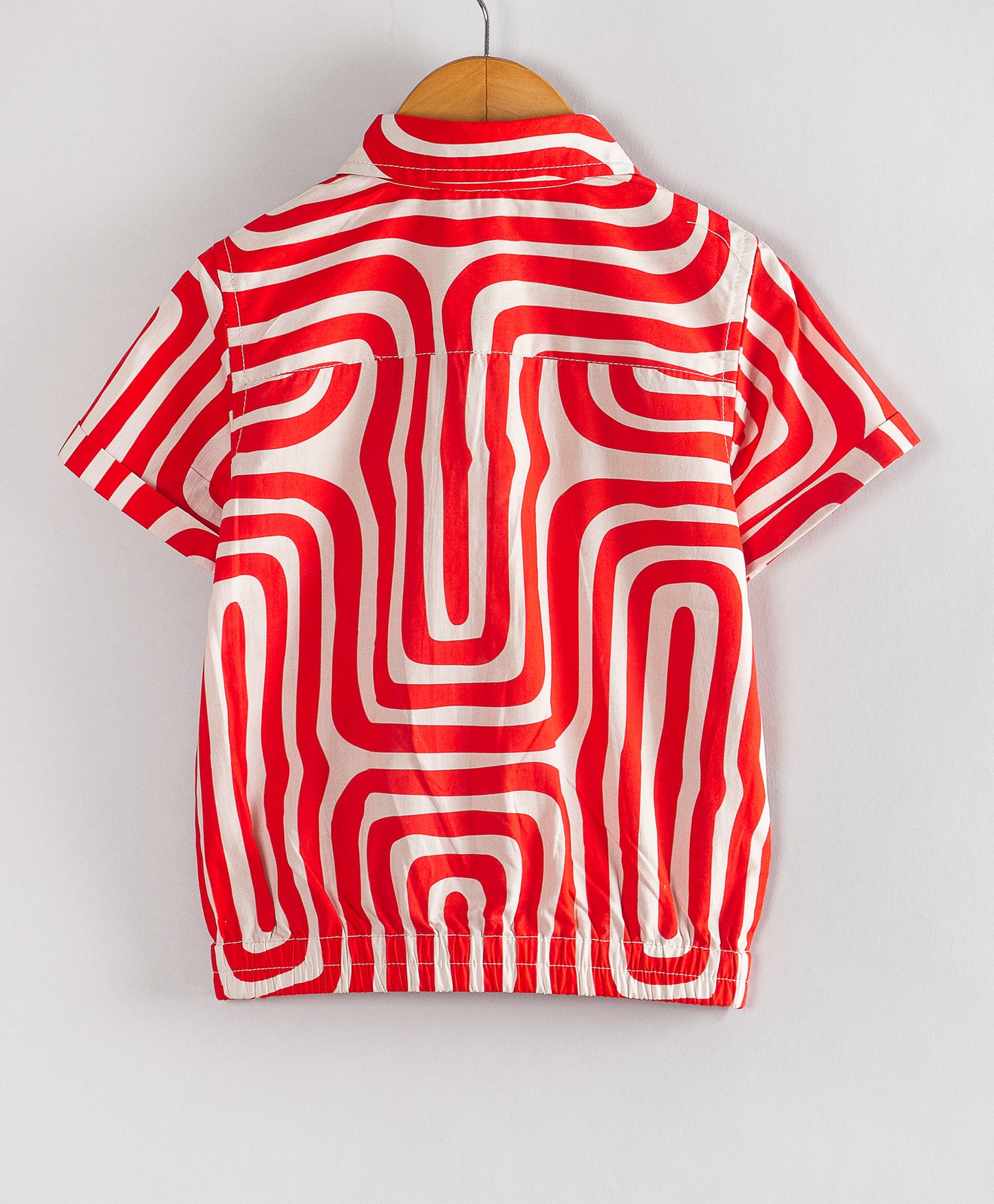 RED MAZE PRINT TOP WITH ELASTICATED WAISTBAND