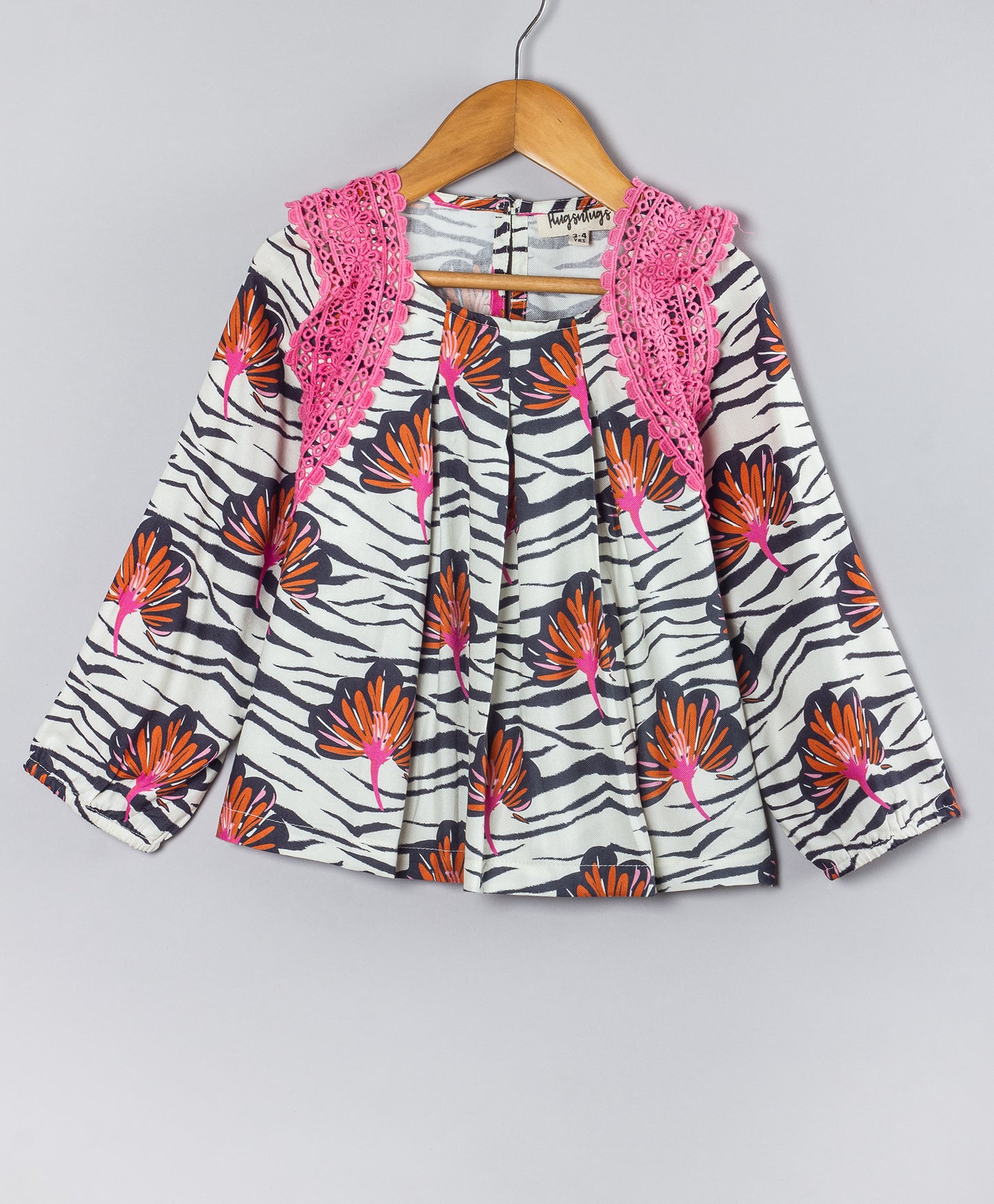 ZEBRA PRINT TOP WITH LEAF PRINT AND LACE DETAILING