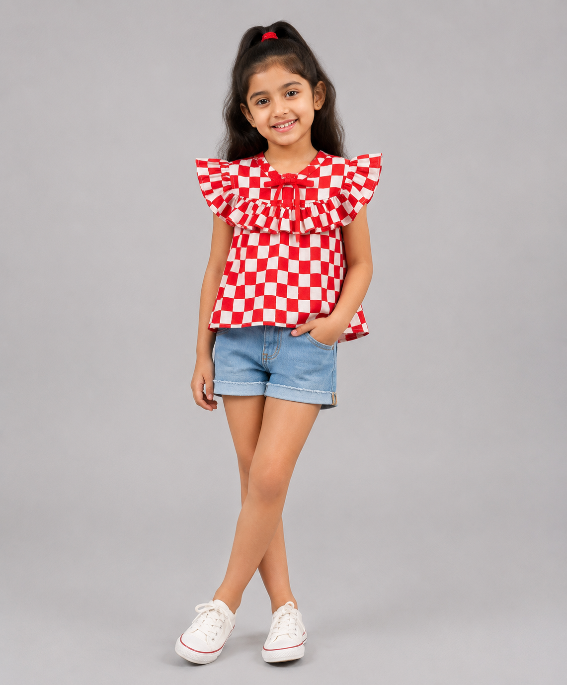 RED CHECKERED TOP WITH FRONT TIE UP