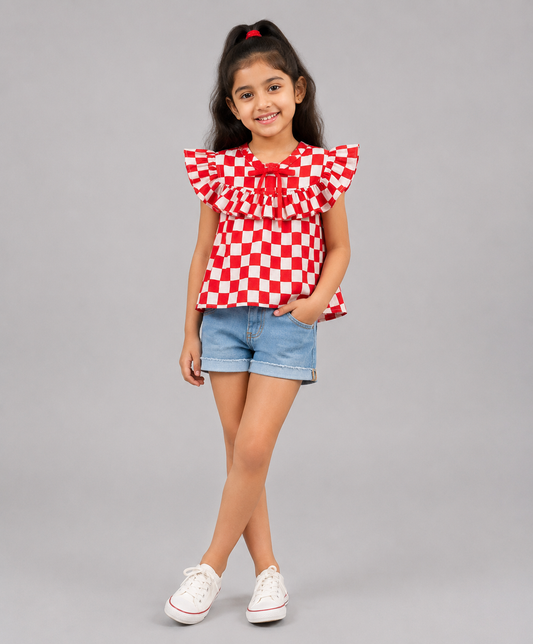 RED CHECKERED TOP WITH FRONT TIE UP