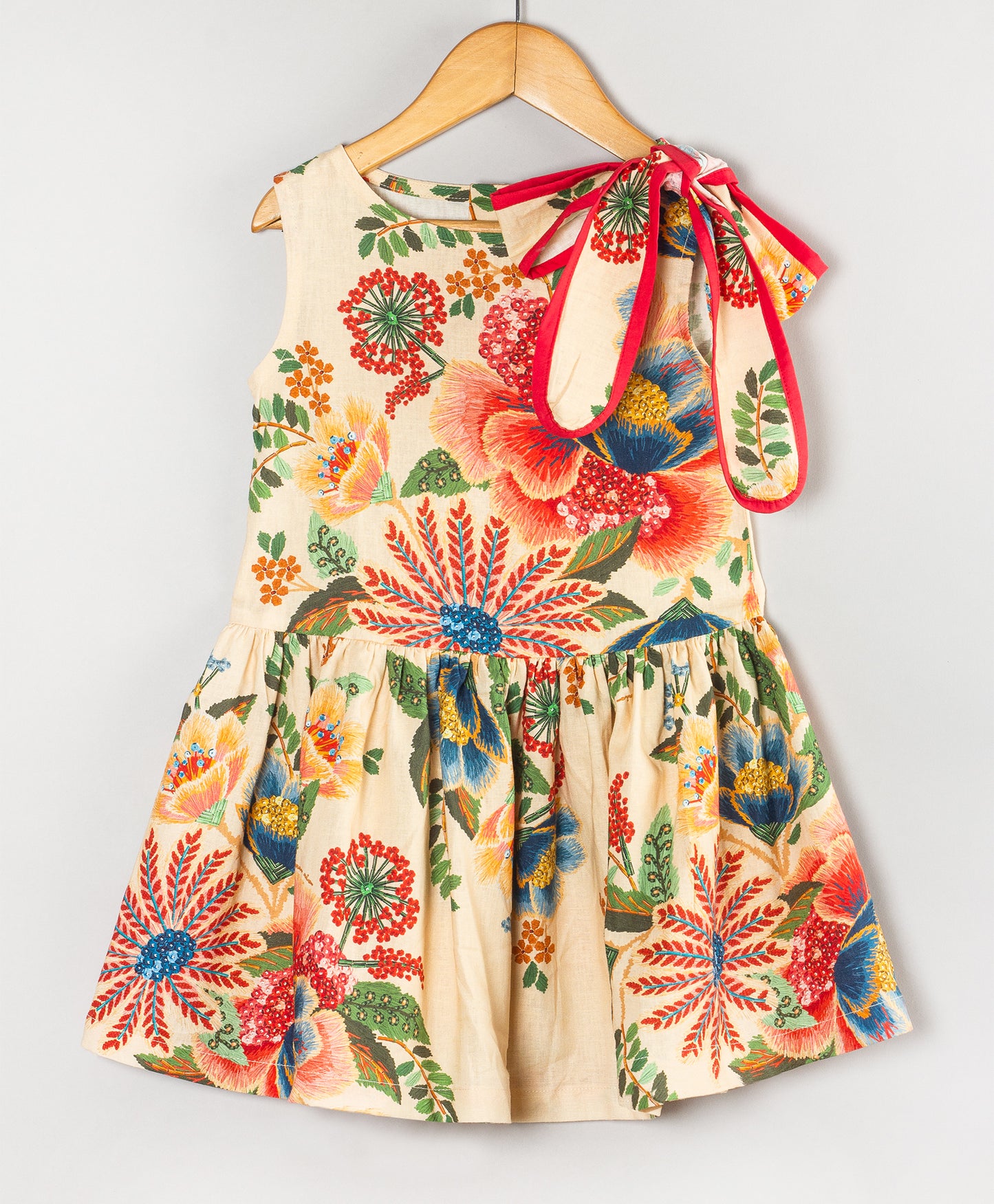 ECRU FLORAL DRESS WITH ONE SHOULDER TIE UP