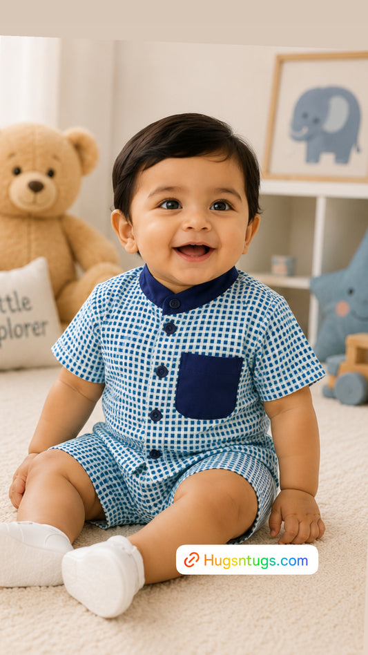 BLUE GHINGHAM CHECK PRINT INFANT SET WITH SOLID NAVY POCKET