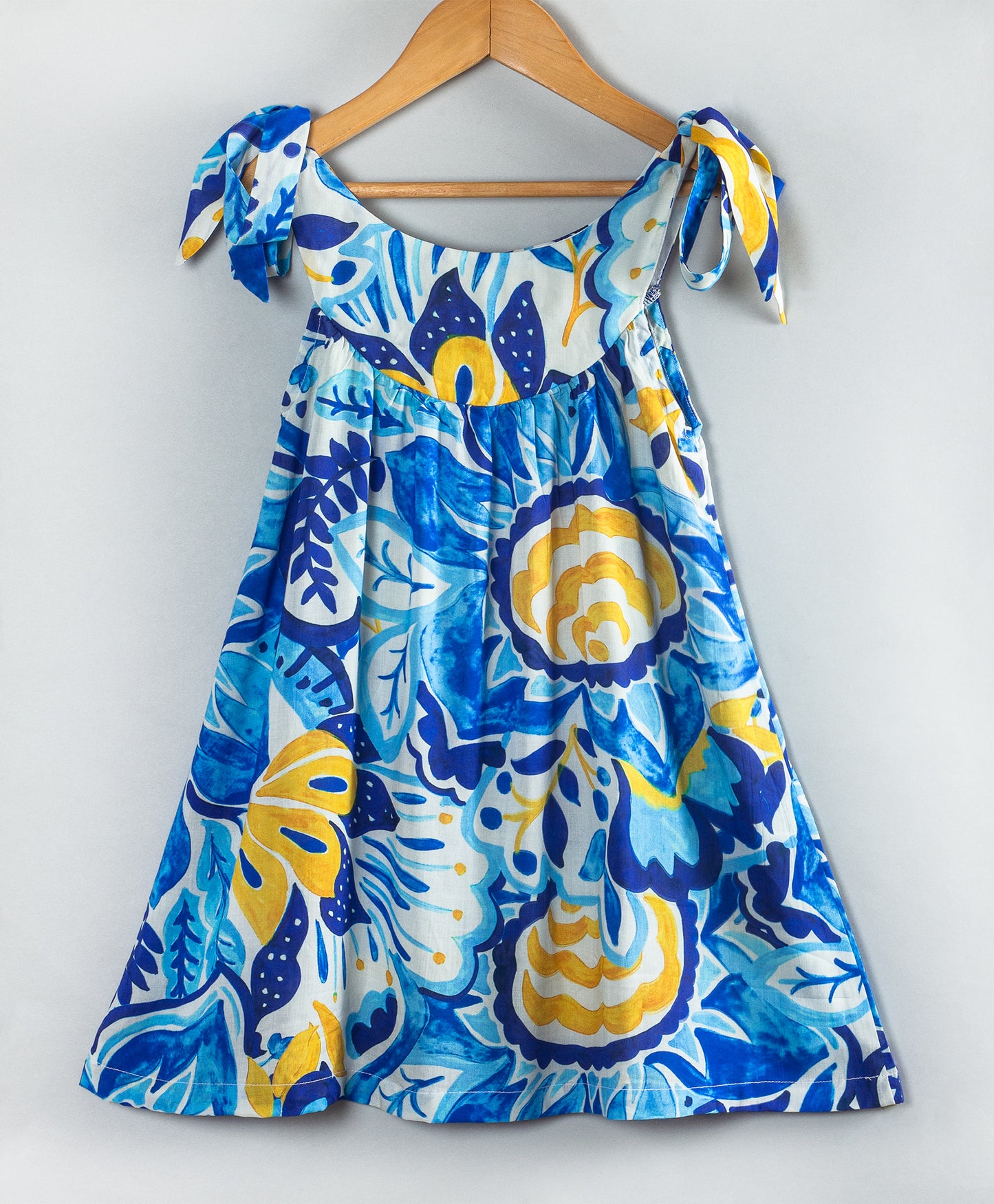 BLUE AQUA PRINT DRESS WITH SHOULDER TIE UPS