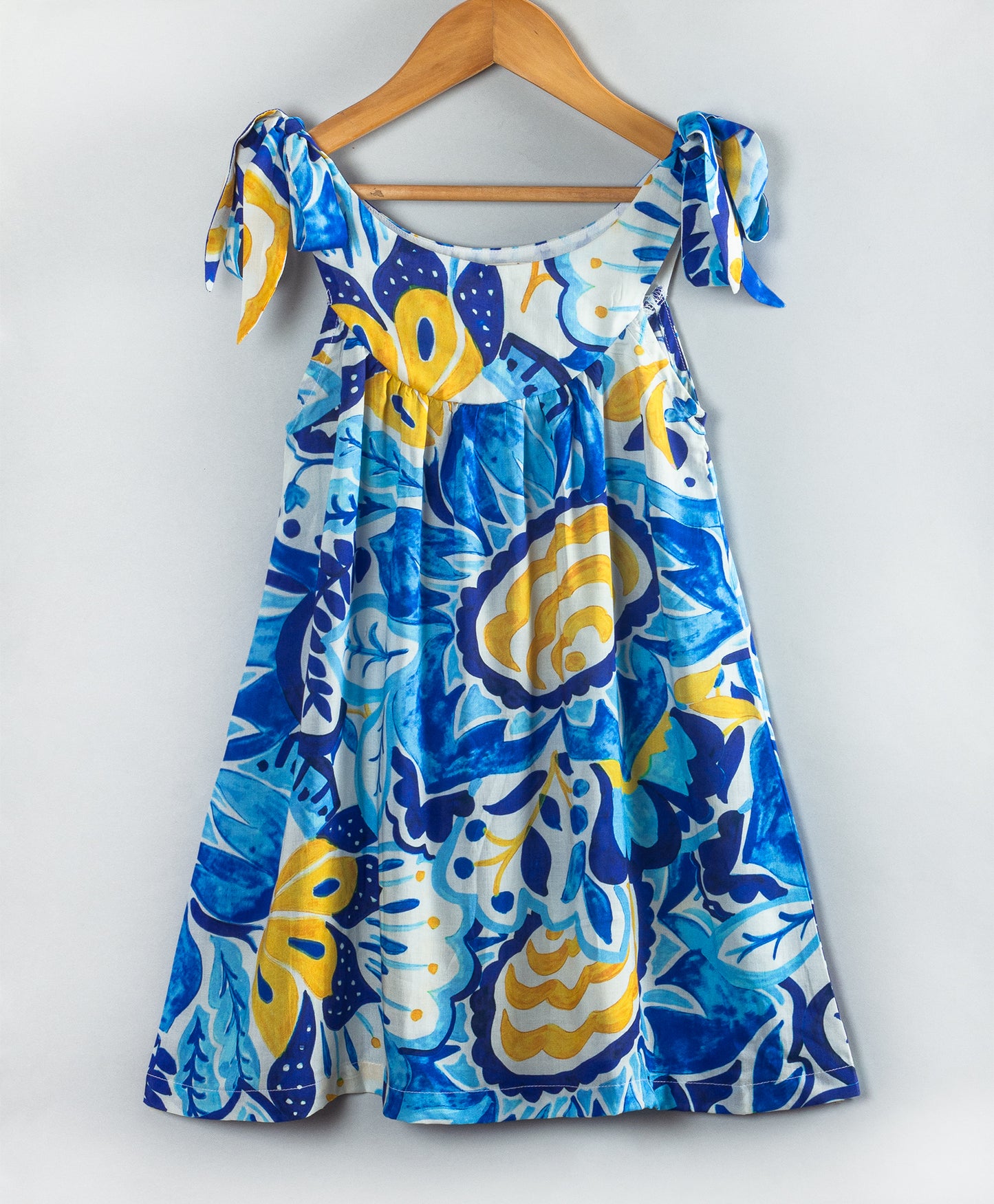 BLUE AQUA PRINT DRESS WITH SHOULDER TIE UPS