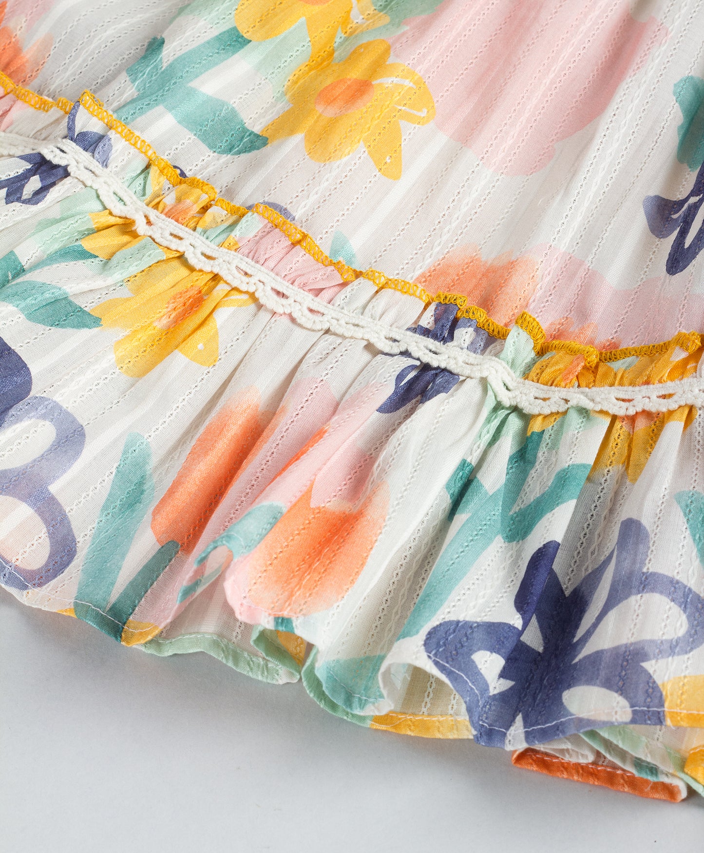 PASTEL FLORAL PRINT DRESS WITH LACE DETAILING AT YOKE