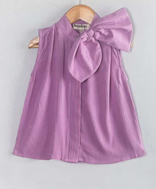 PURPLE CUT SLEEVES TOP WITH NECK TIE UP