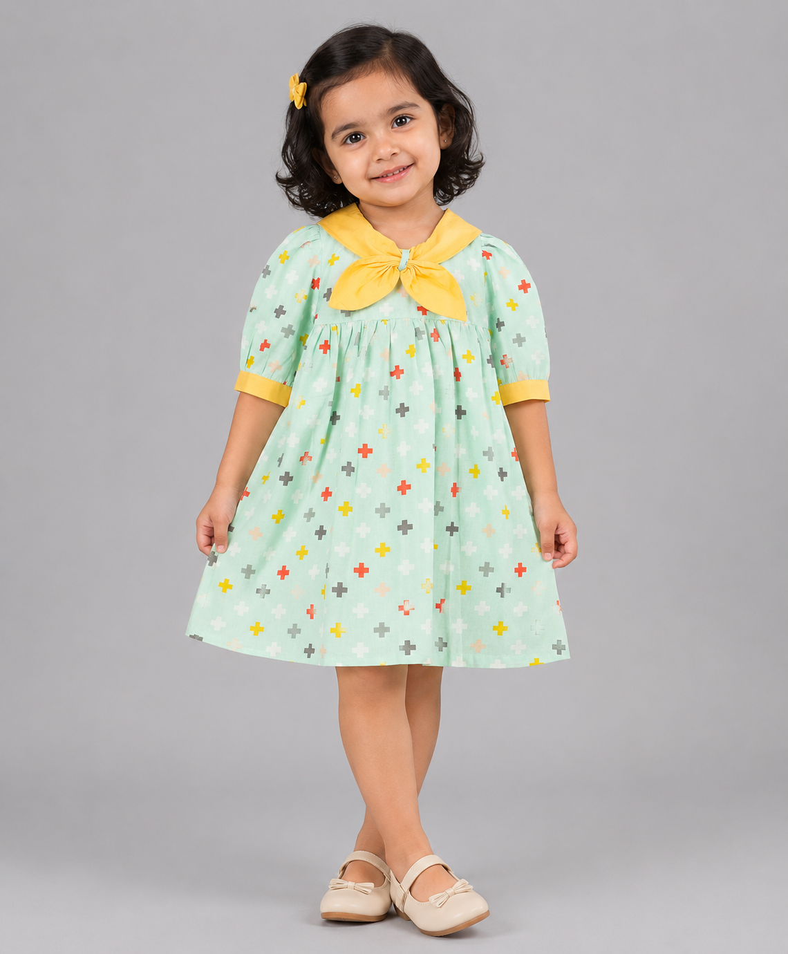 AQUA CROSS PRINT DRESS WITH CONTRAST COLLAR