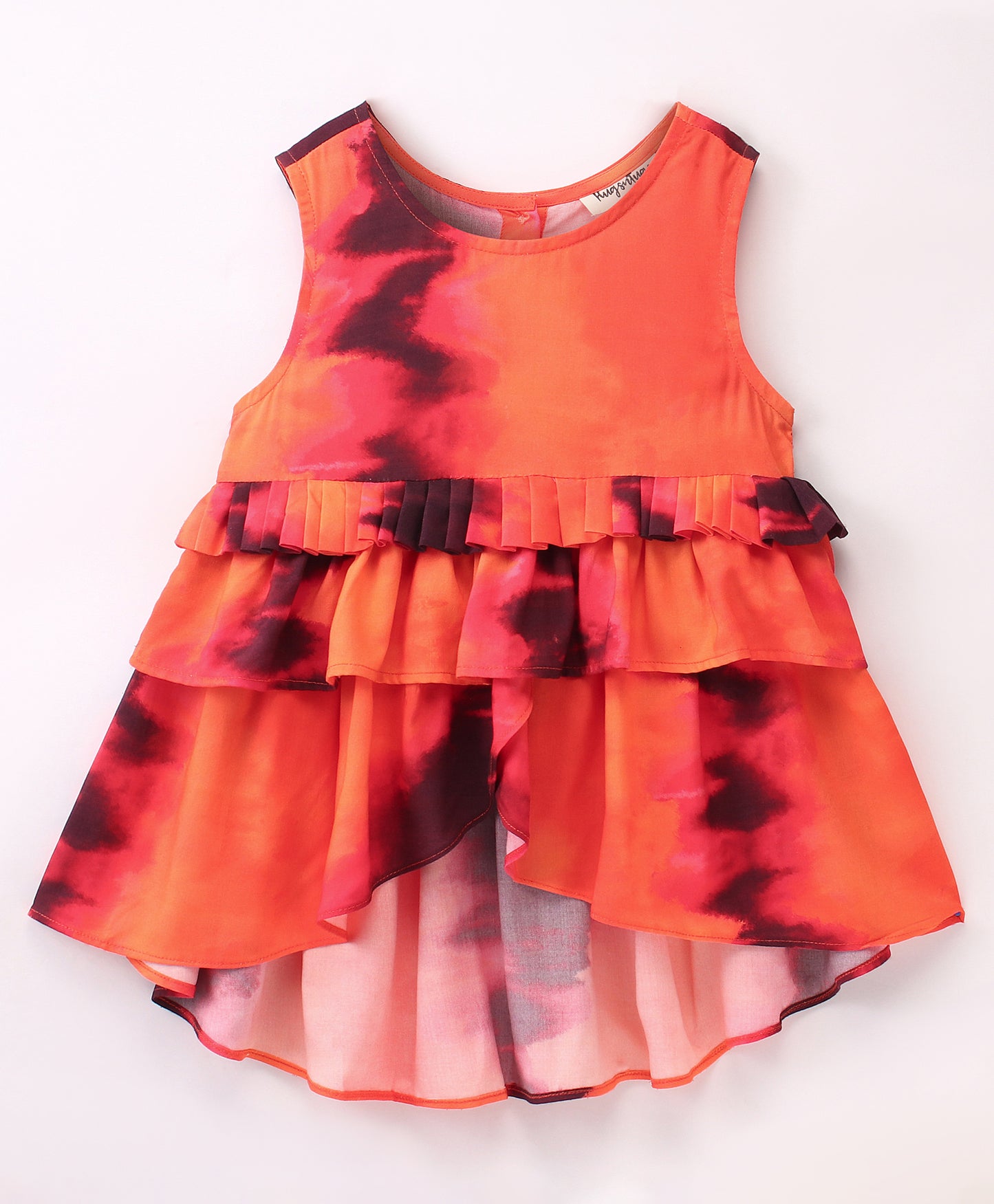 Sleevless All Over Tie & Dye Designed High Low Top With Pleats At Waist - Orange