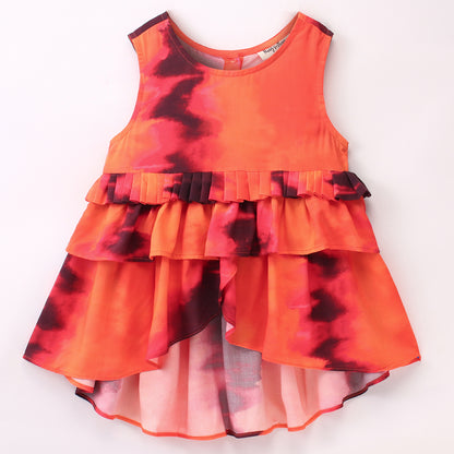 Sleevless All Over Tie & Dye Designed High Low Top With Pleats At Waist - Orange